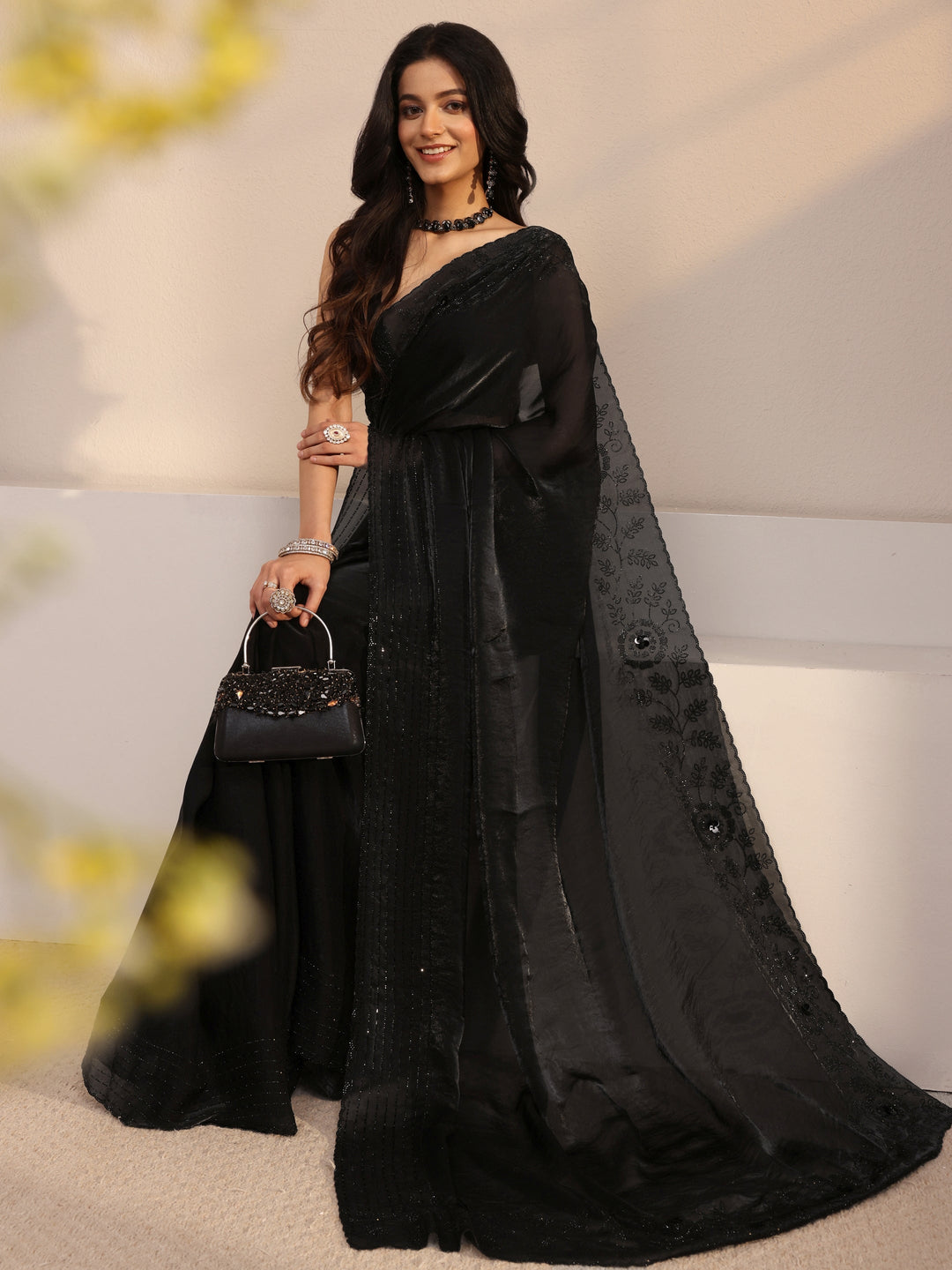 Libas Black Embellished Tissue Saree With Unstiched Blouse Piece