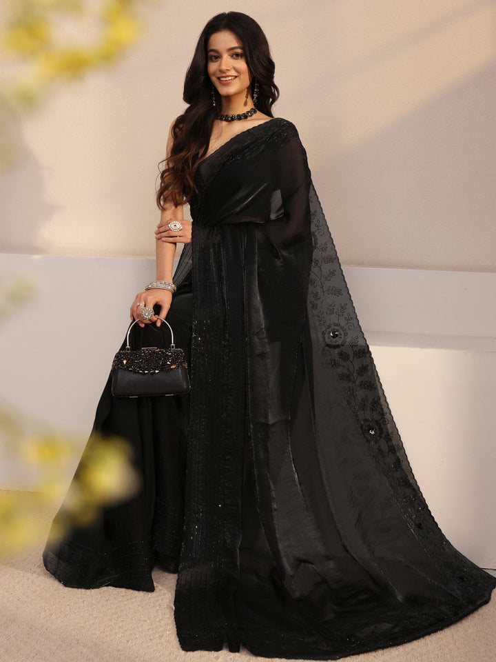 Libas Black Embellished Tissue Saree With Unstiched Blouse Piece