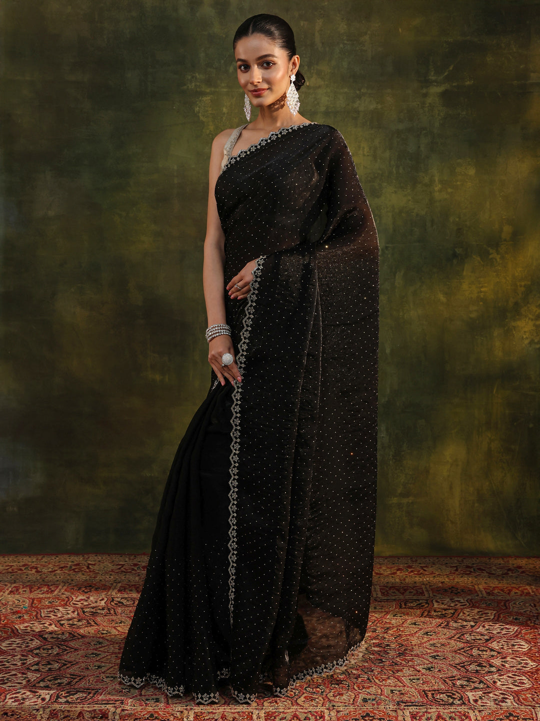Black Embellished Tissue Saree With Unstitched Blouse Piece