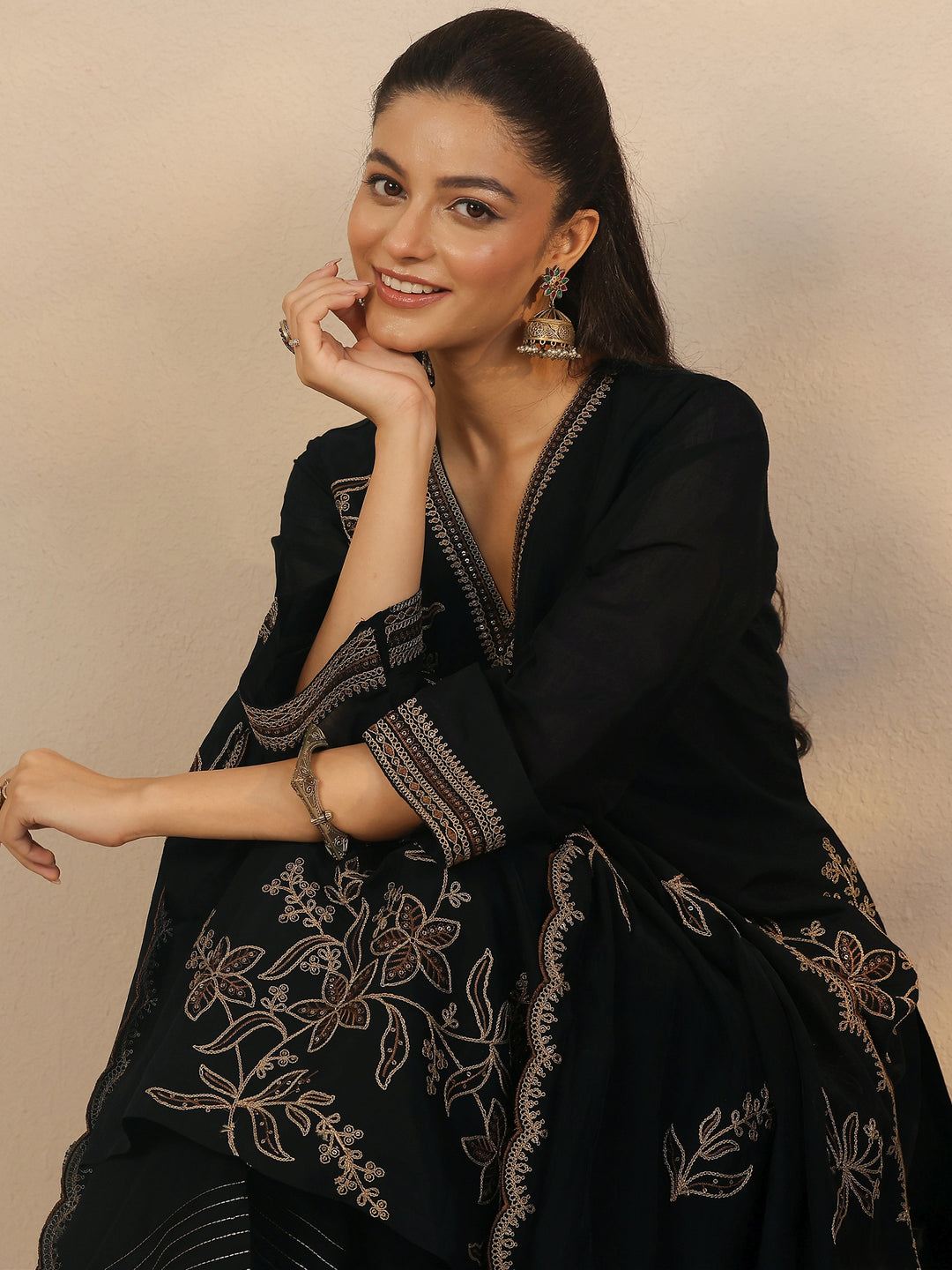 Black Embroidered Chanderi Cotton Straight Suit Set With Dupatta