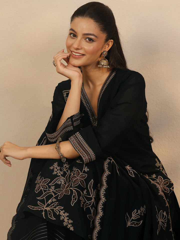 Black Embroidered Chanderi Cotton Straight Suit Set With Dupatta