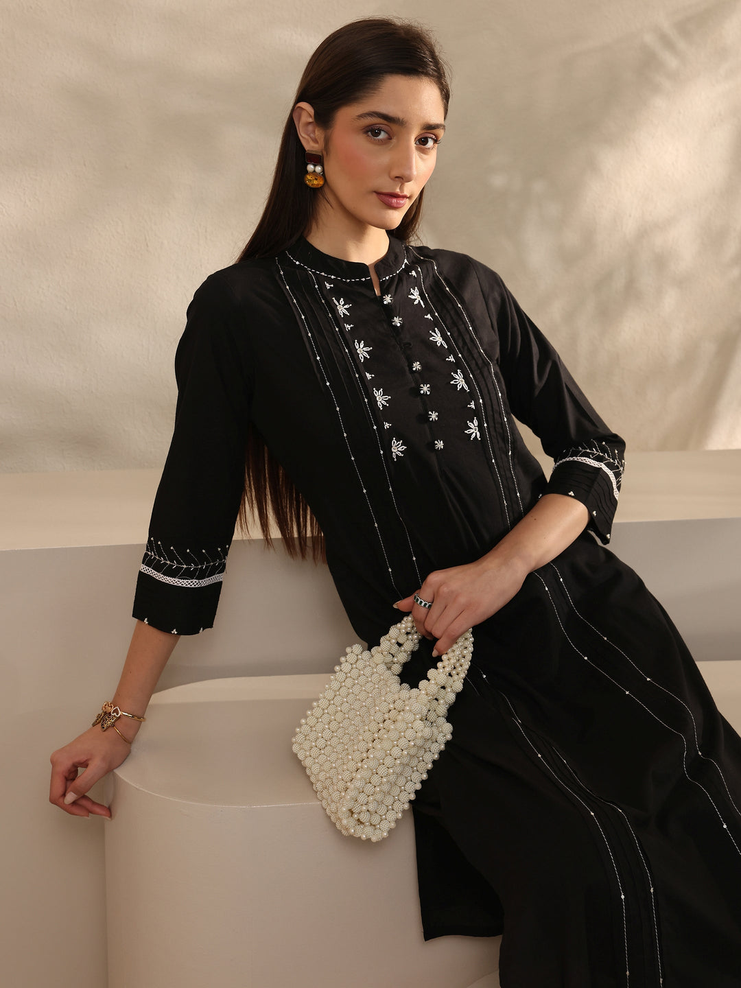 Black Embroidered Cotton Straight Kurta Set