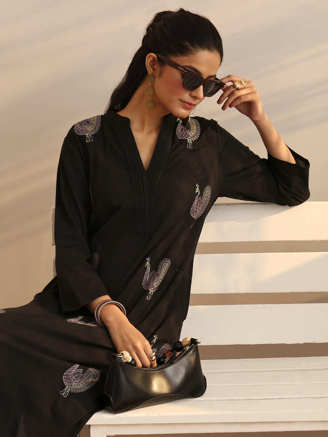Black Embroidered Cotton Straight Kurta Set