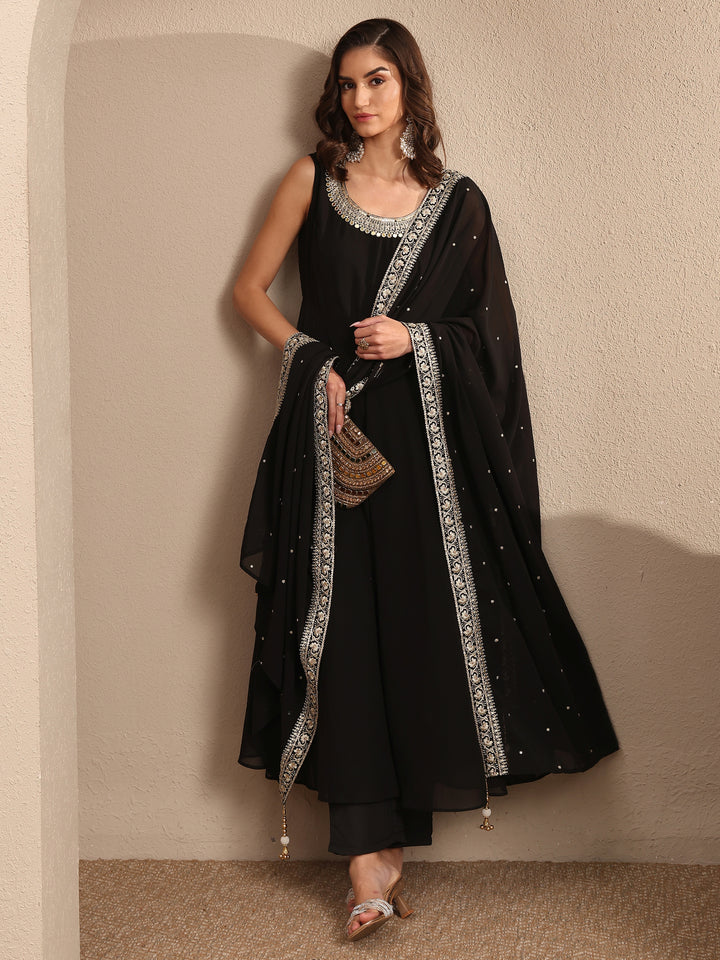 Black Embroidered Georgette Anarkali Suit Set With Dupatta