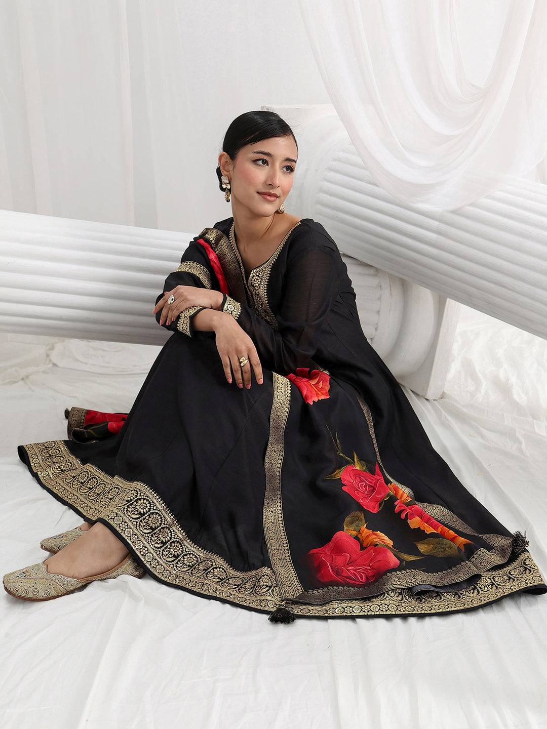 Black Embroidered Silk Blend A-Line Suit Set With Dupatta