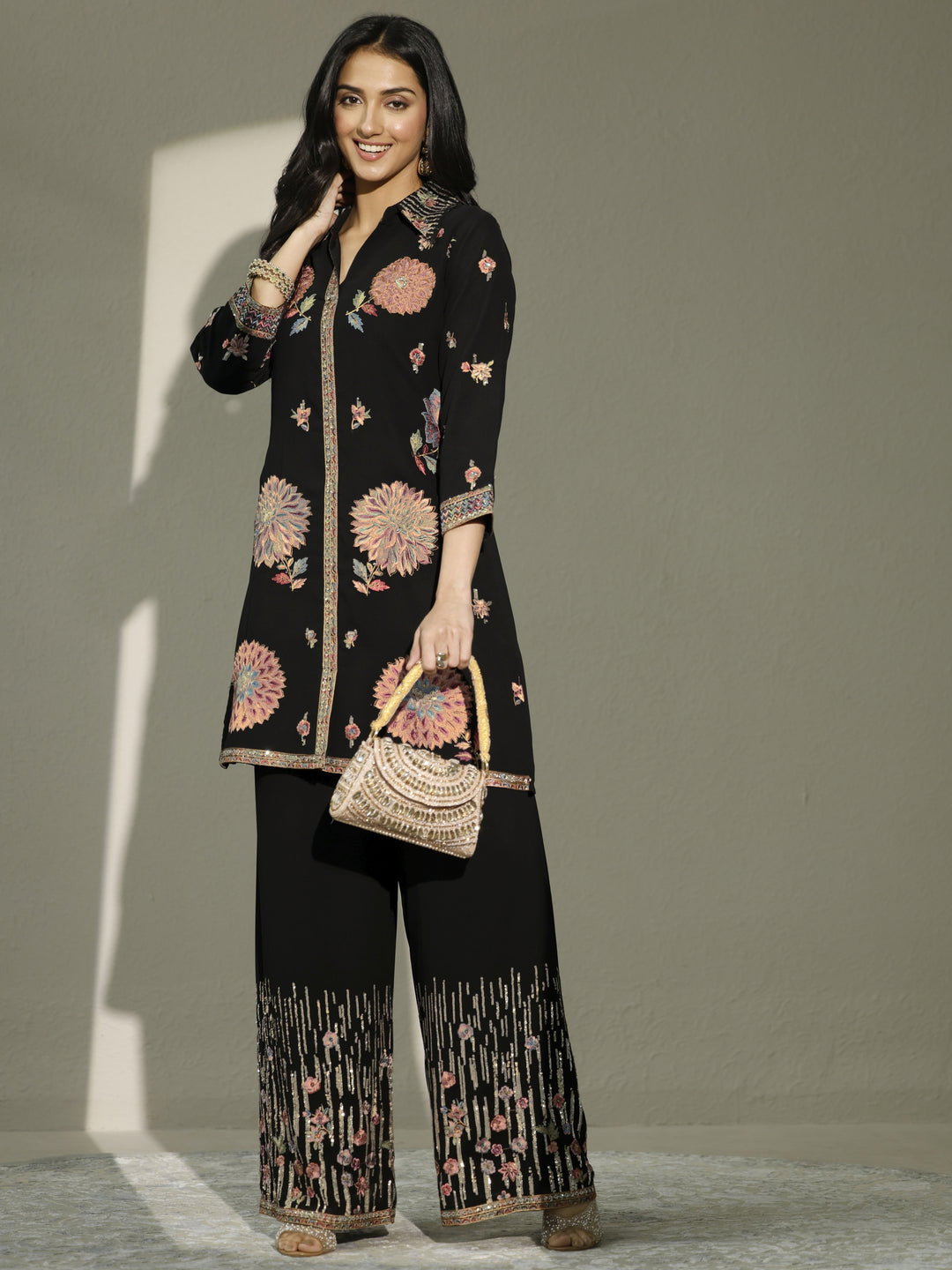 Black Embroidered Silk Blend Co-Ord Set