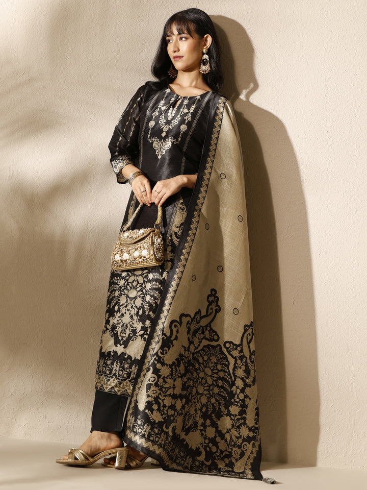 Black Embroidered Silk blend Straight Suit Set With Dupatta