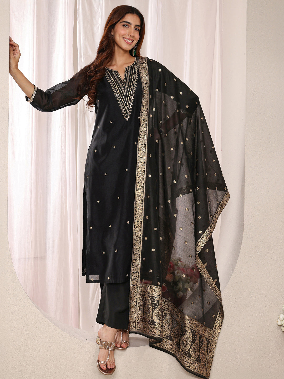 Black Embroidered Silk Blend Straight Suit Set With Dupatta