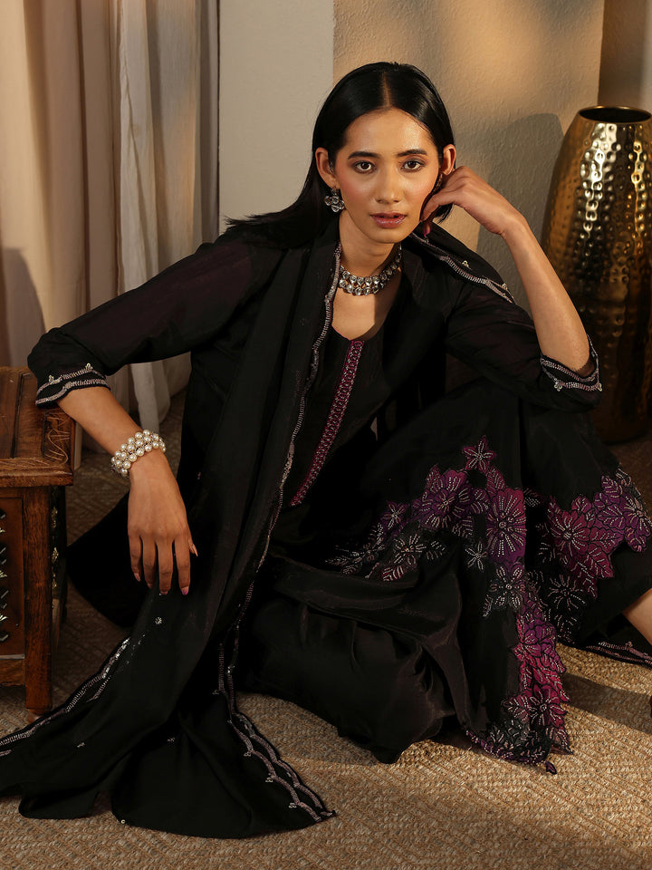 Black Embroidered Silk Blend Straight Suit Set With Dupatta