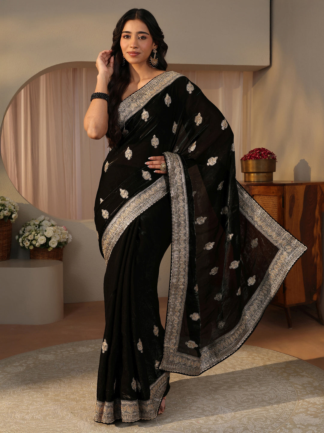 Black Ethnic Embellished Tissue Saree