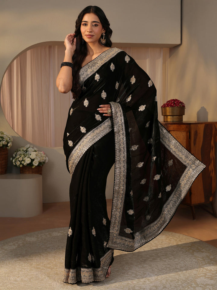 Black Ethnic Embellished Tissue Saree