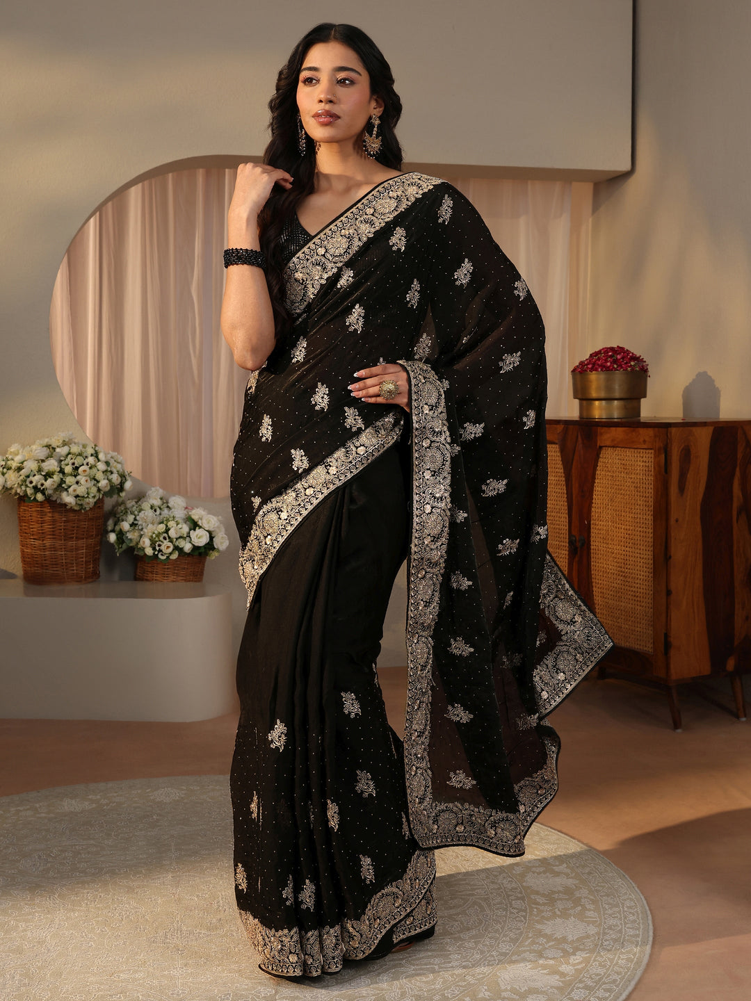 Black Ethnic Embellished Tissue Saree