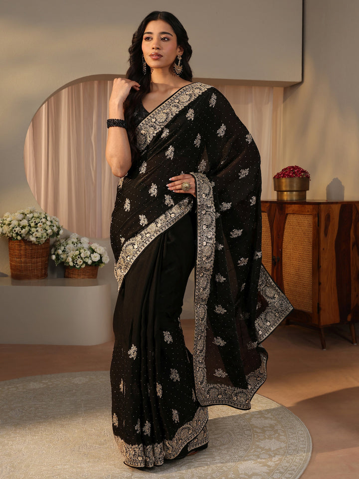 Black Ethnic Embellished Tissue Saree