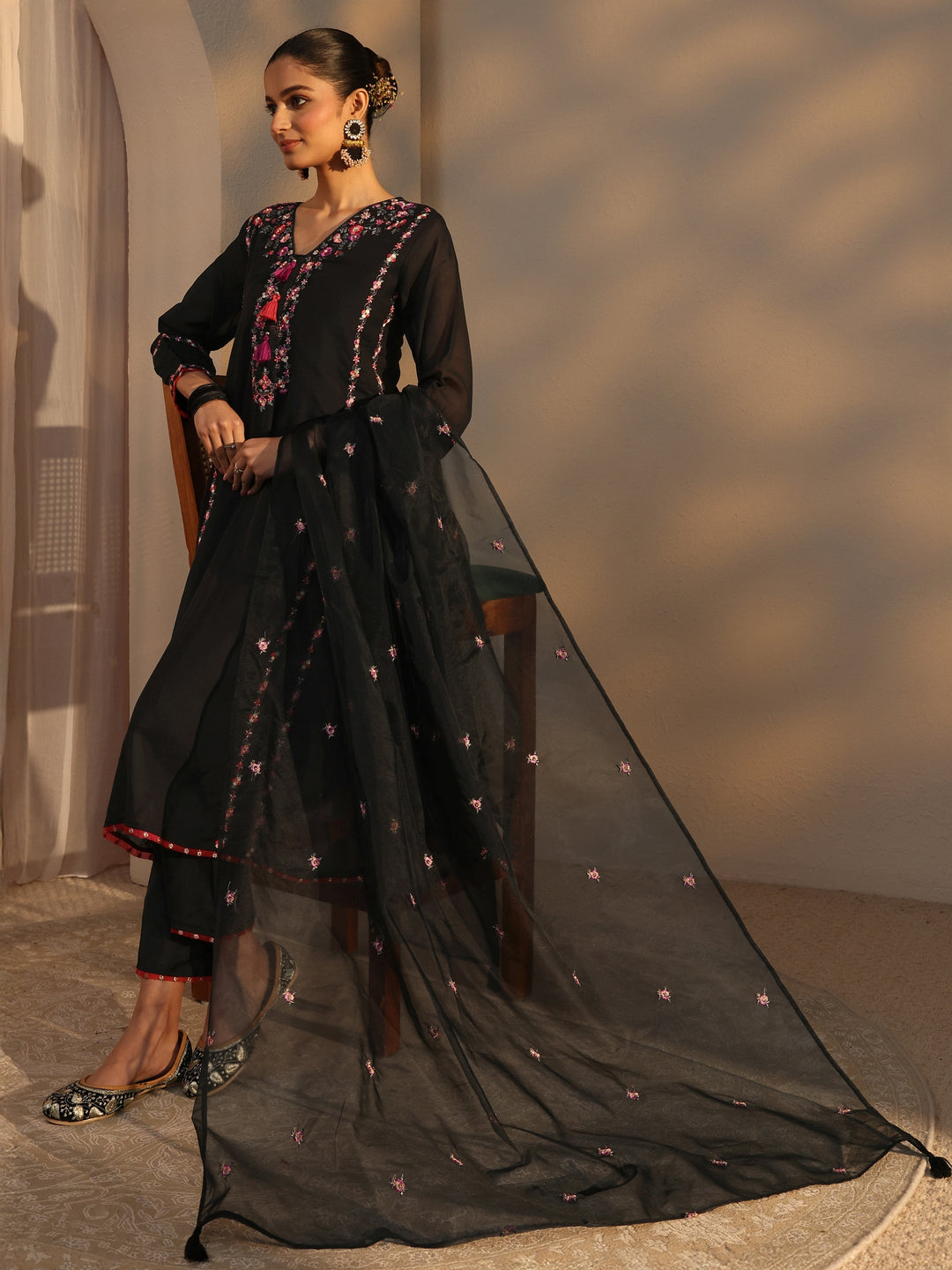 Black Ethnic Embroidered Chanderi Cotton Straight Suits Set With Dupatta