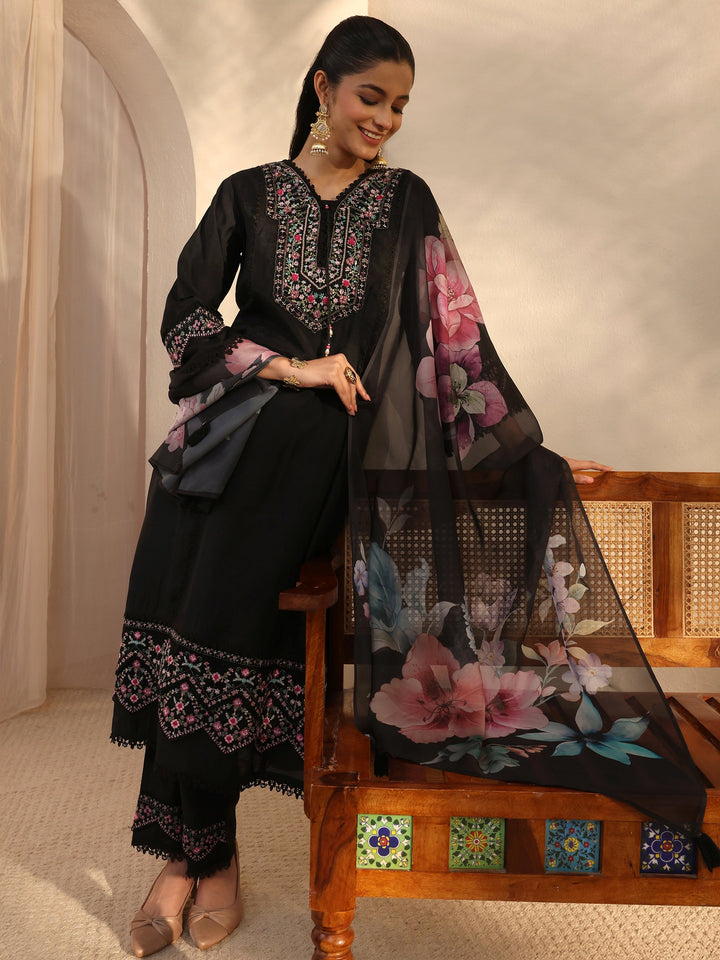 Black Ethnic Embroidered Silk Blend A-Line Suits Set With Dupatta
