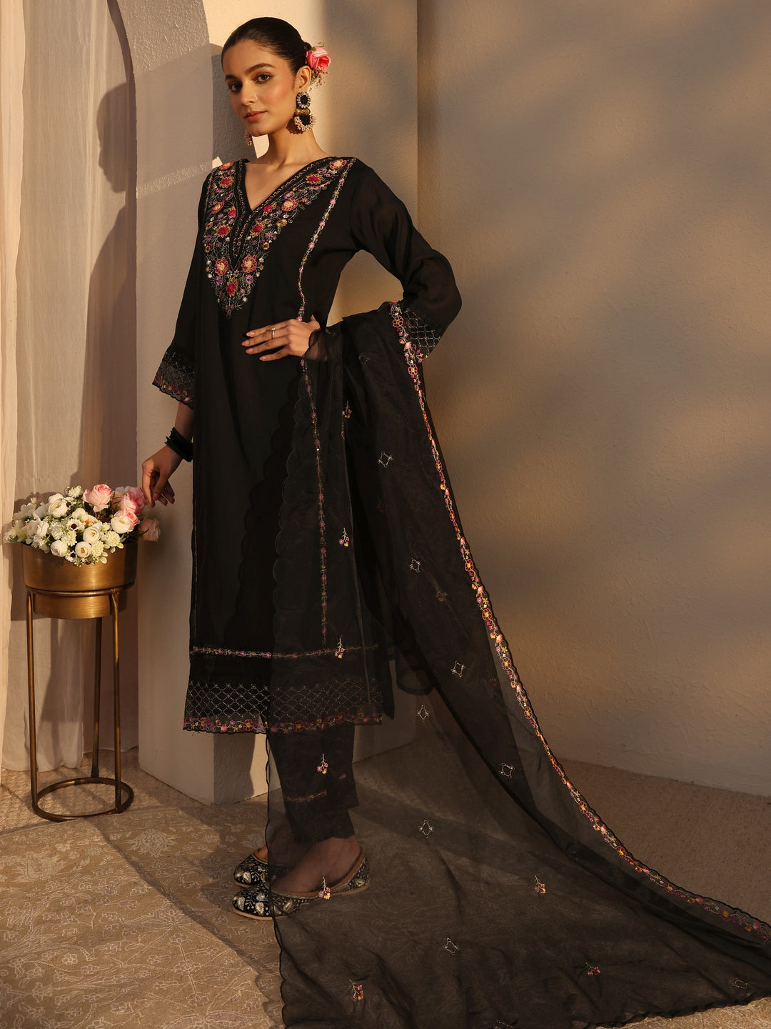 Black Ethnic Embroidered Silk Blend Straight Suits Set With Dupatta