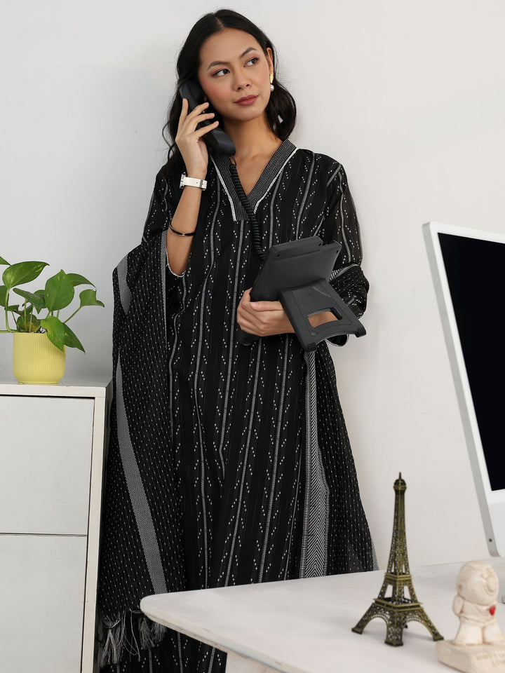 Boardroom Black Woven Design Cotton Blend Straight Suit Set