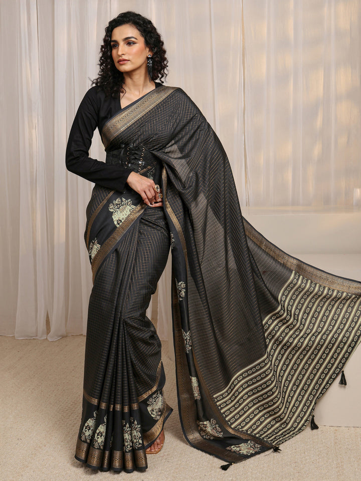 Black Ethnic Motif Woven Design Silk Blend Saree 
With Unstitched Blouse Piece