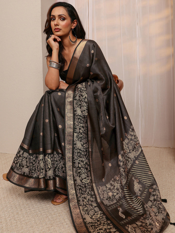 Black Ethnic Motif Woven Design Silk Blend Saree 
With Unstitched Blouse Piece