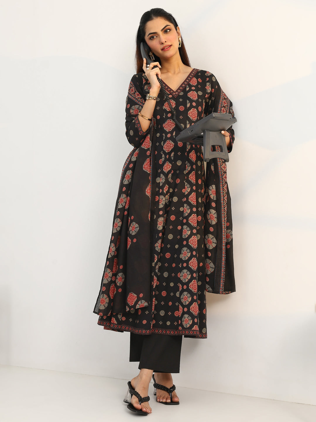 Black Ethnic Motifs Printed Cotton Blend A-Line Suit Set With Dupatta