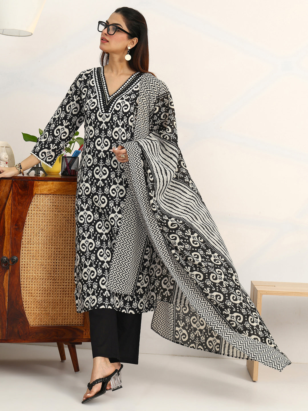 Black Ethnic Motifs Printed Cotton Blend Straight Suit Set With Dupatta