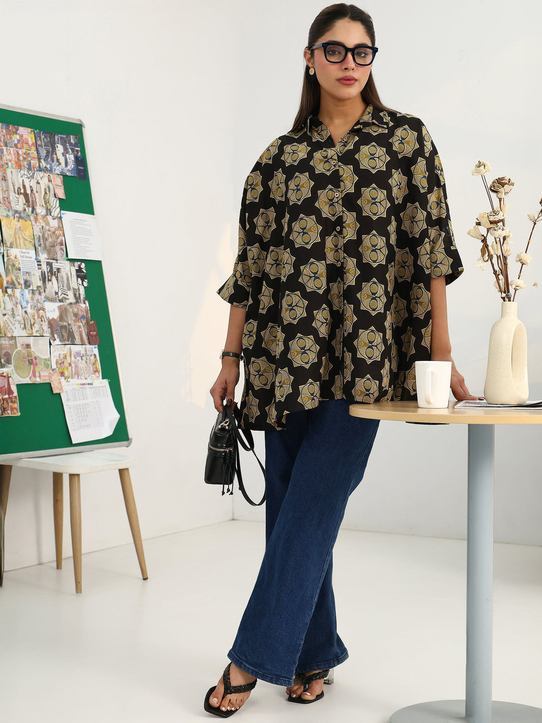 Black Ethnic Motifs Printed Cotton Shirt