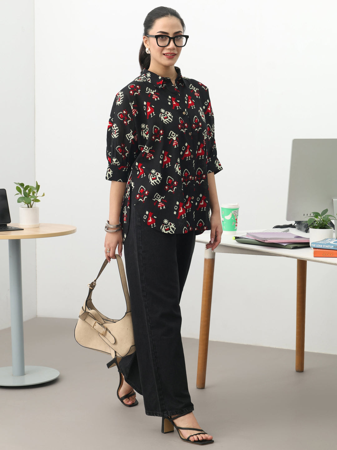 Black  Ethnic Motifs Printed Cotton Shirt