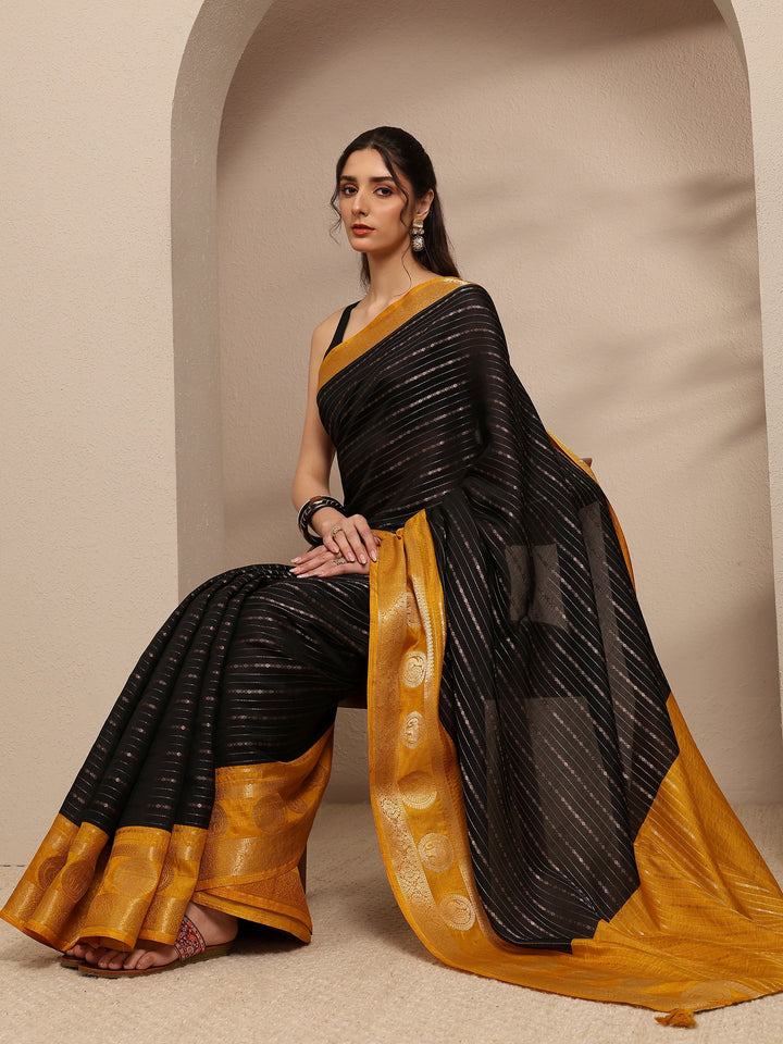 Black Ethnic Motifs Woven Design Silk Blend Saree With Unstitched Blouse Piece