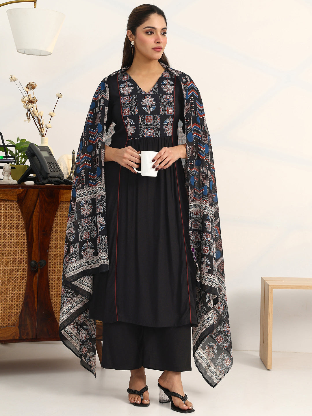 Black Ethnic Motifs Yoke Design Cotton Blend A-Line Suit Set With Dupatta