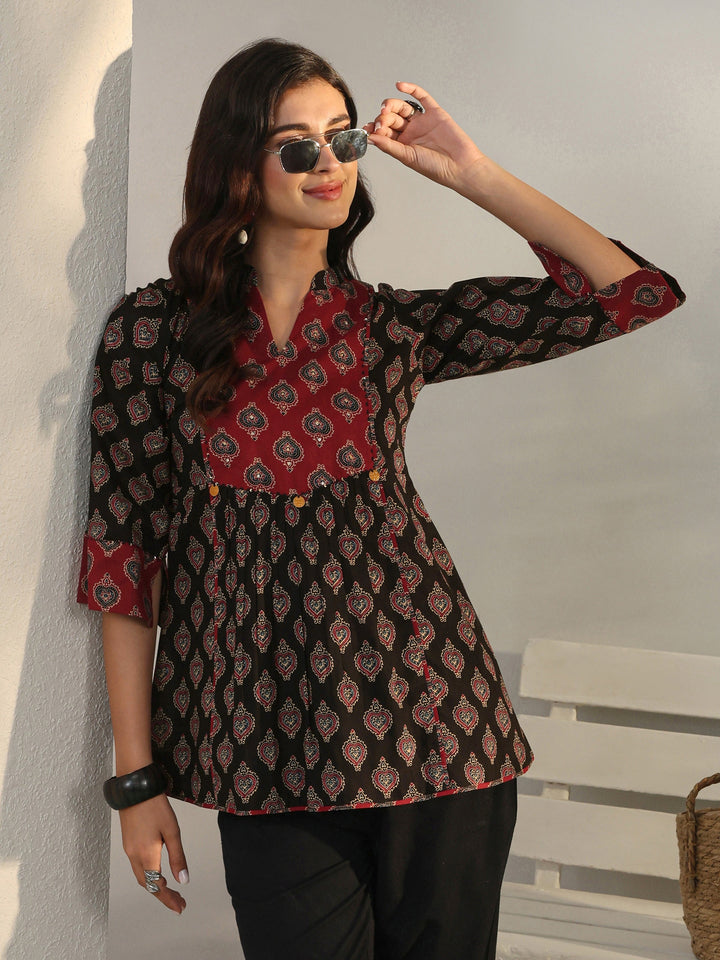Black Ethnic Printed Cotton A-Line Short Kurti