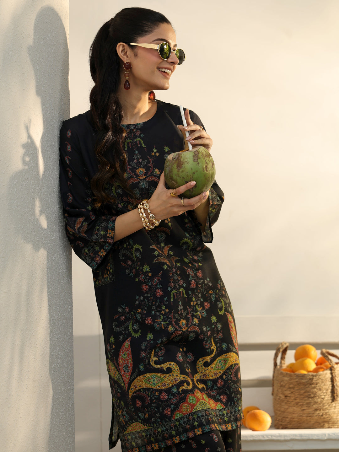 Black Ethnic Printed Cotton Blend Co-Ord Set