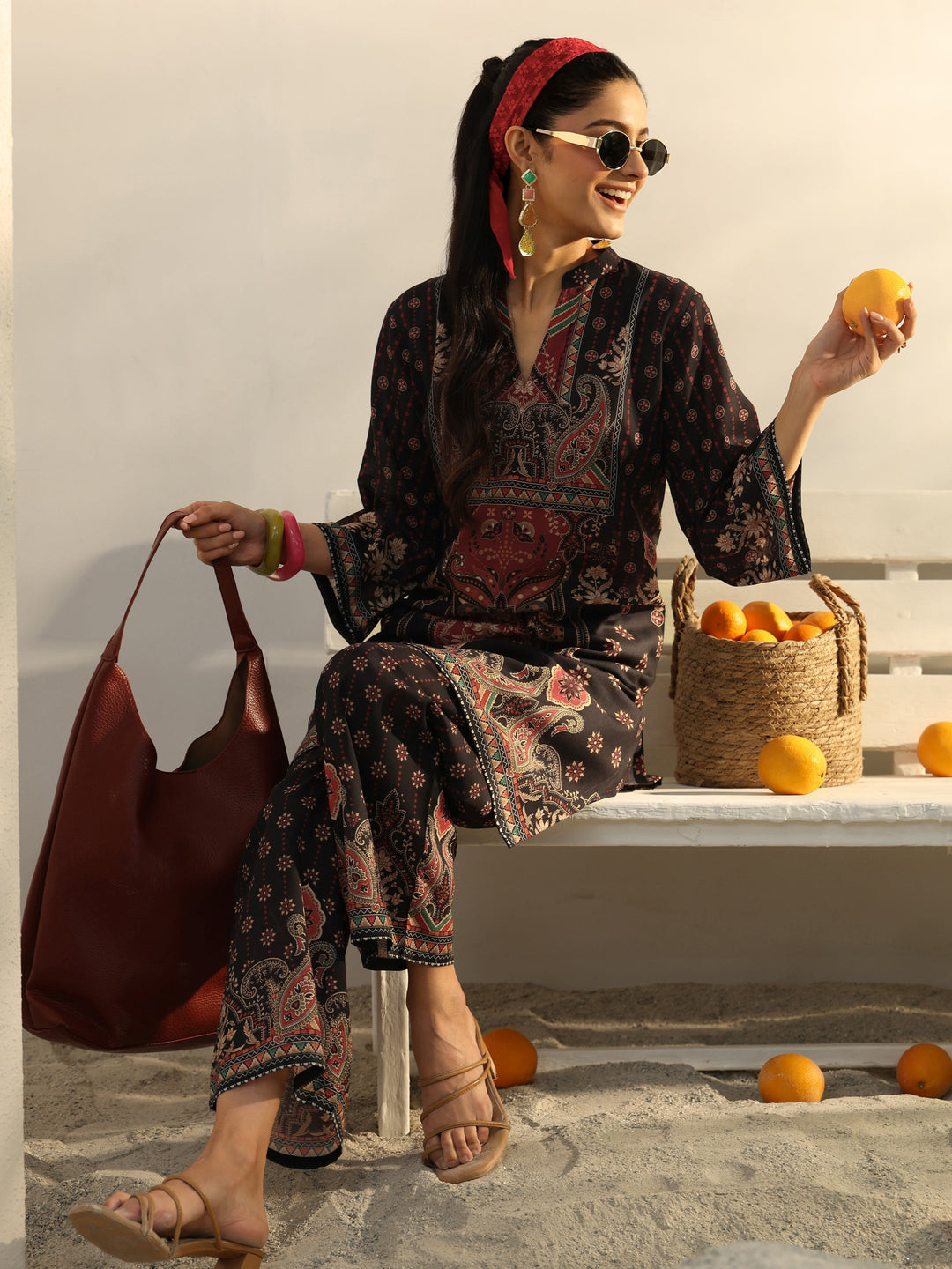Black Ethnic Printed Cotton Blend Co-Ord Set
