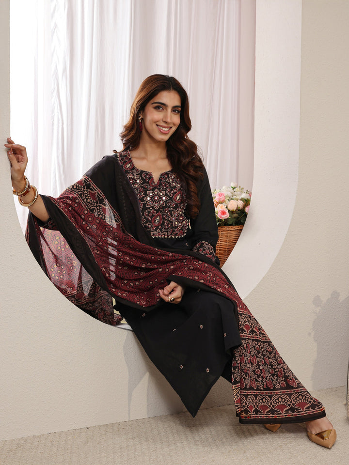 Black Ethnic Printed Cotton Straight Suit Set with Dupatta
