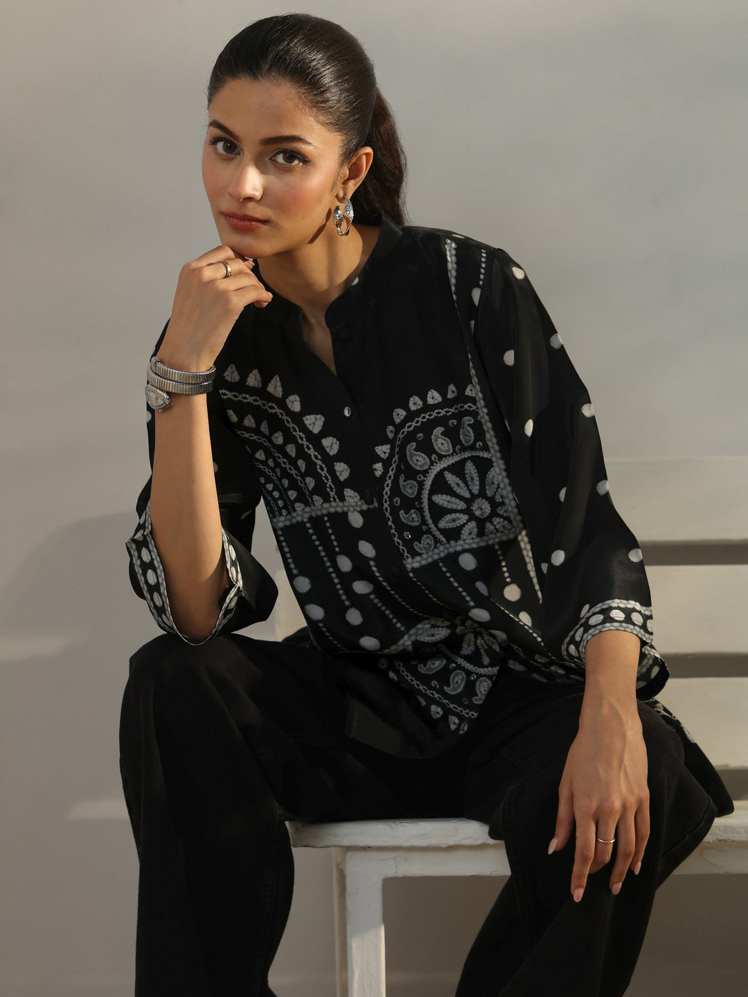 Black Ethnic Printed Crepe Shirt