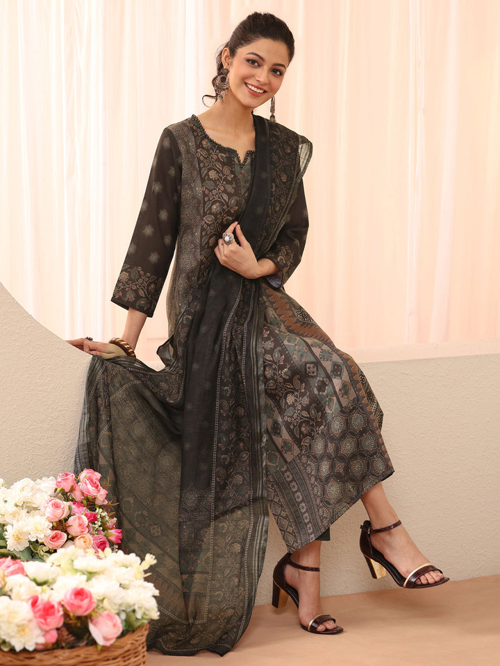 Black Ethnic Printed Linen Straight Suit Set