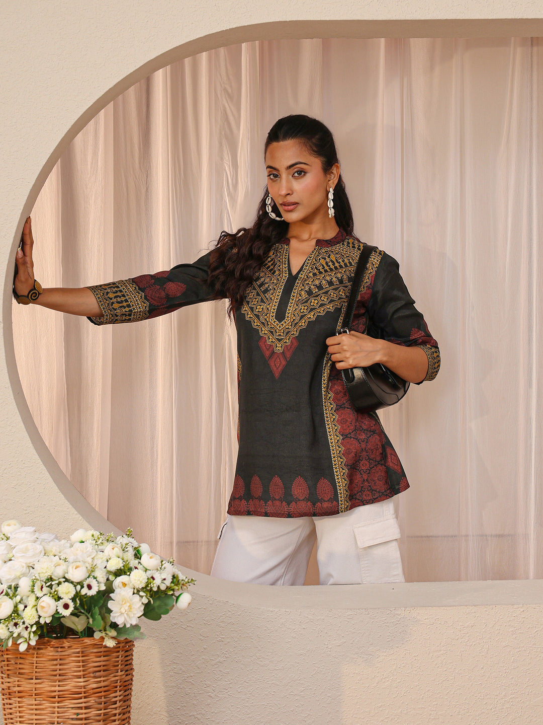 Black Ethnic Printed Silk Blend Straight Short Kurti