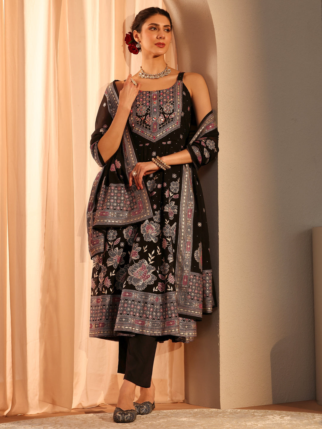 Black Floral Embellished Georgette A-Line Suit Set With Dupatta
