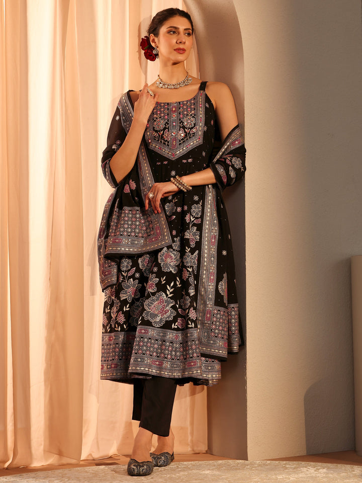 Black Floral Embellished Georgette A-Line Suit Set With Dupatta