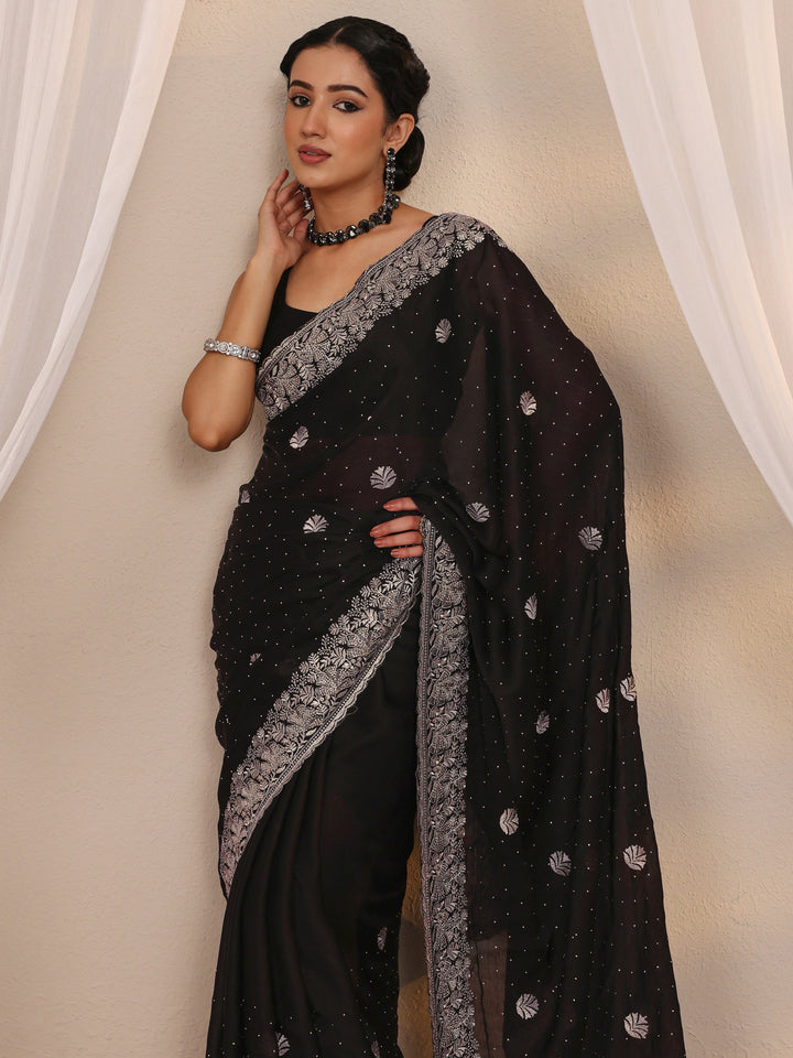 Black Floral Embellished Silk Blend Saree With Unstitched Blouse Piece