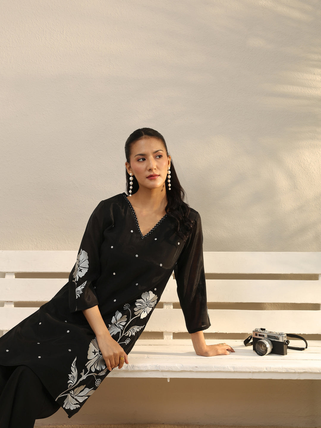 Black Floral Embroidered Chanderi Silk Co-Ord Set