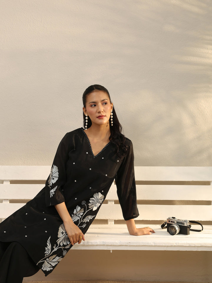 Black Floral Embroidered Chanderi Silk Co-Ord Set