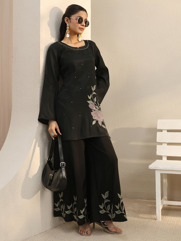 Black Floral Embroidered Chanderi Silk Co-Ord Set
