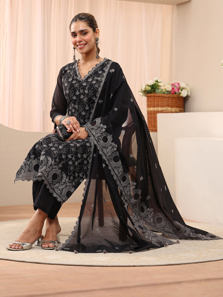 Black Floral Embroidered Chanderi Silk Straight Suit Set