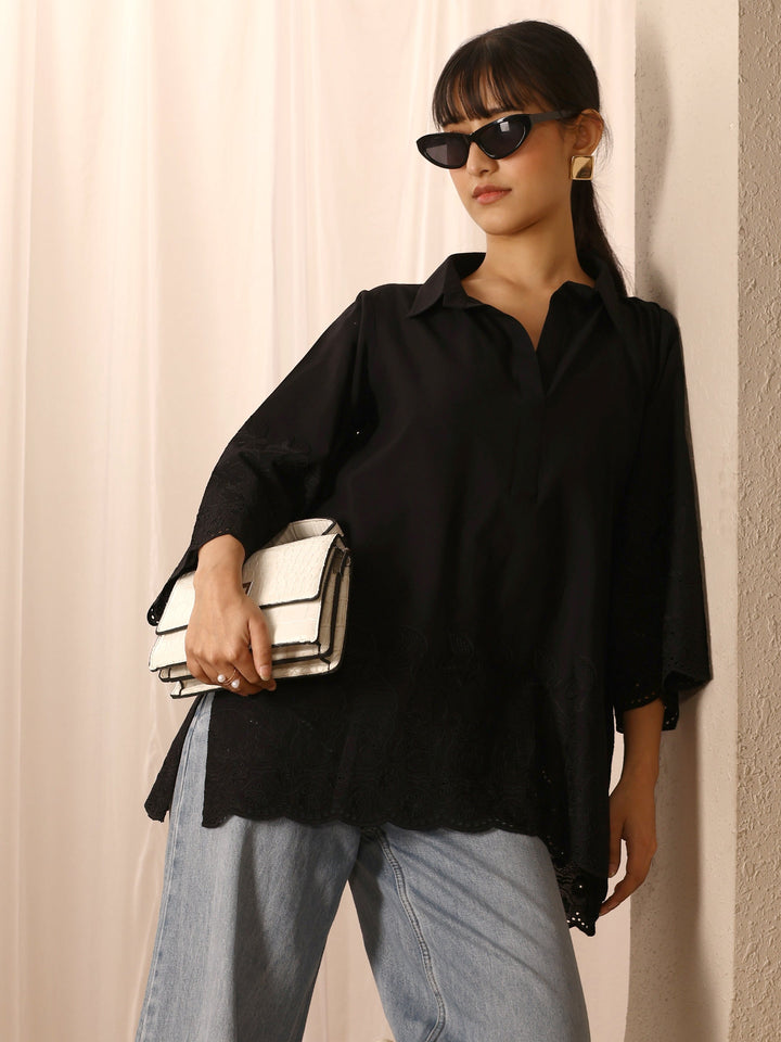 Black Floral Embroidered Cotton Blend Straight Short Kurti