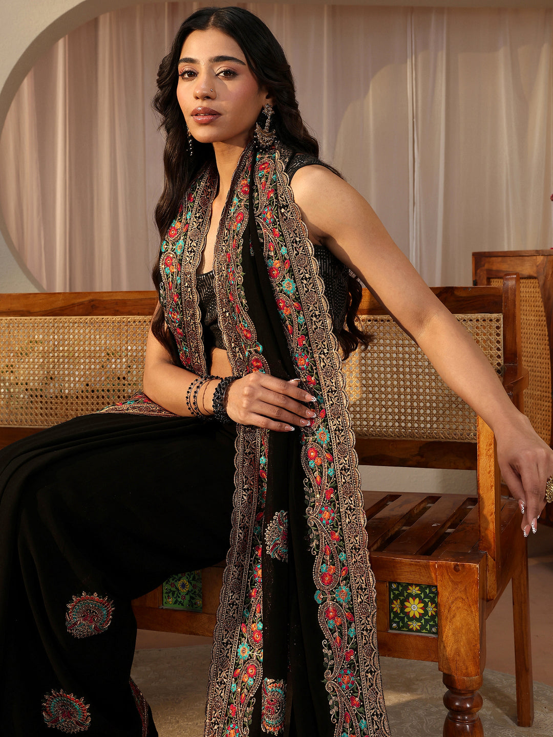 Black Floral Embroidered Georgette Saree