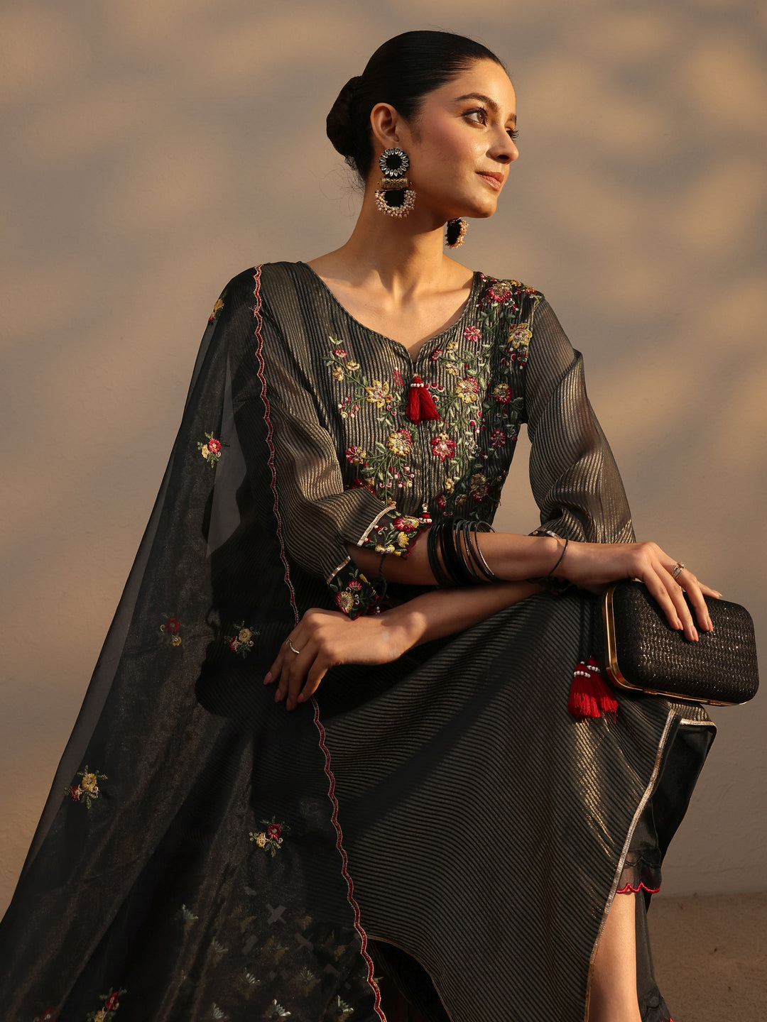 Black Floral Embroidered Organza A-Line Suits Set With Dupatta