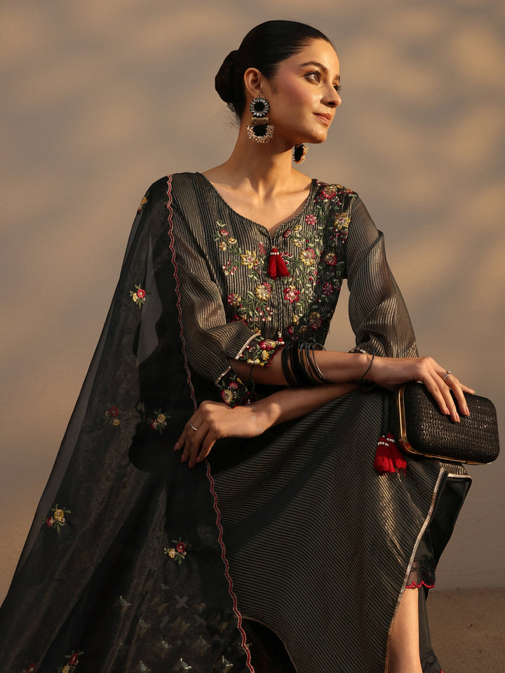 Black Floral Embroidered Organza A-Line Suits Set With Dupatta