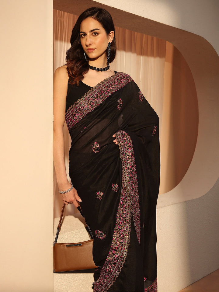 Black Floral Embroidered Silk Blend Saree