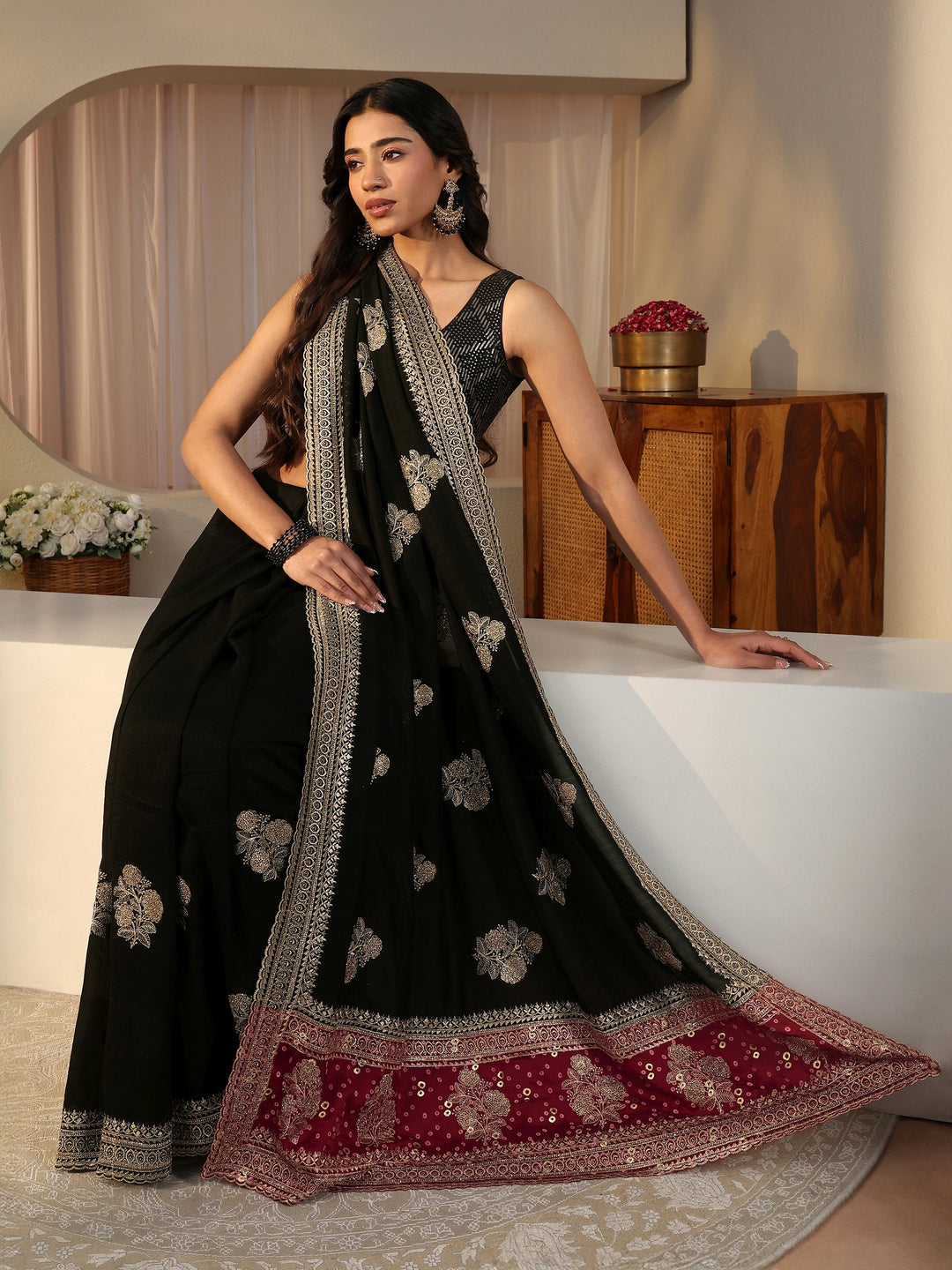 Black Floral Embroidered Silk Blend Saree