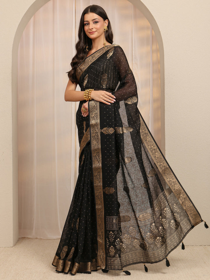 Black Floral Embroidered Silk Blend Saree
With Unstitched Blouse Piece